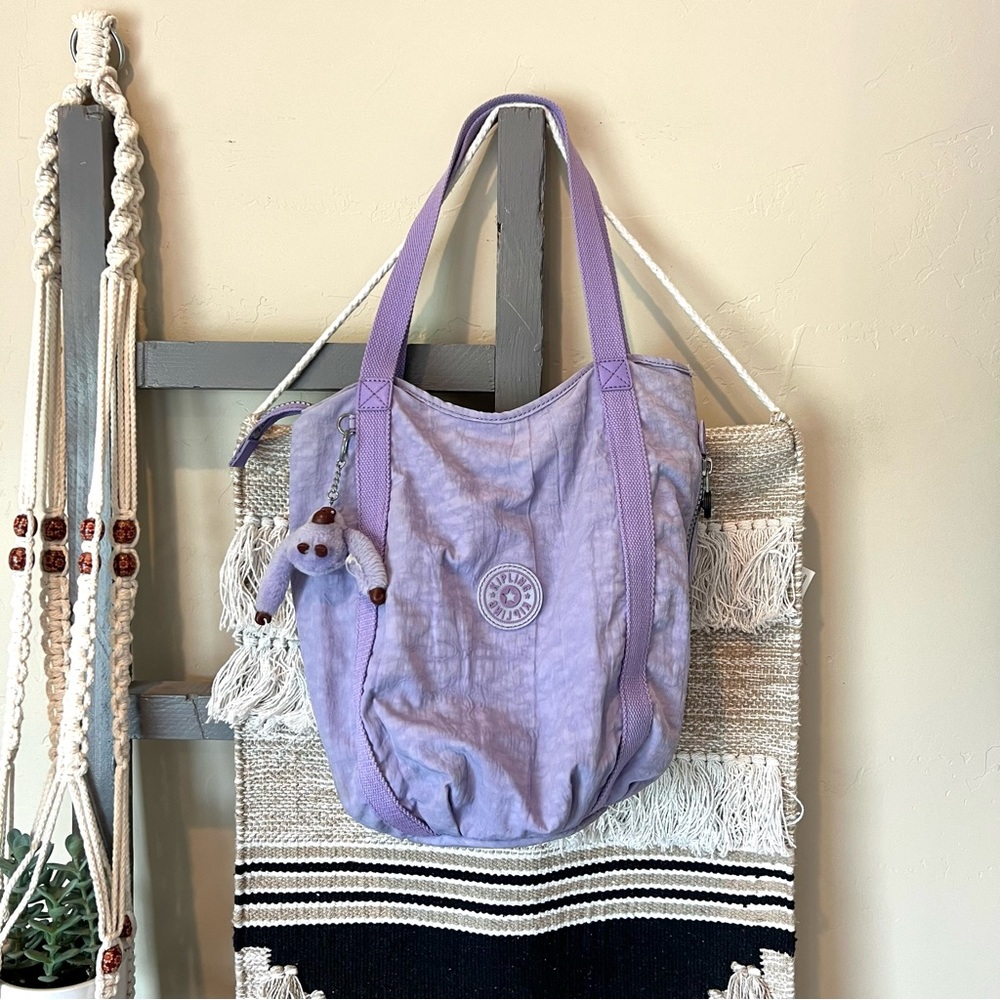 Kipling large purple tote bag with monkey keychain